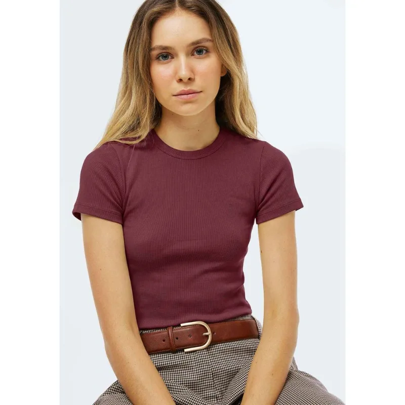 Blusa Feminina Manga Curta Slim Em Ribana - Vinho M