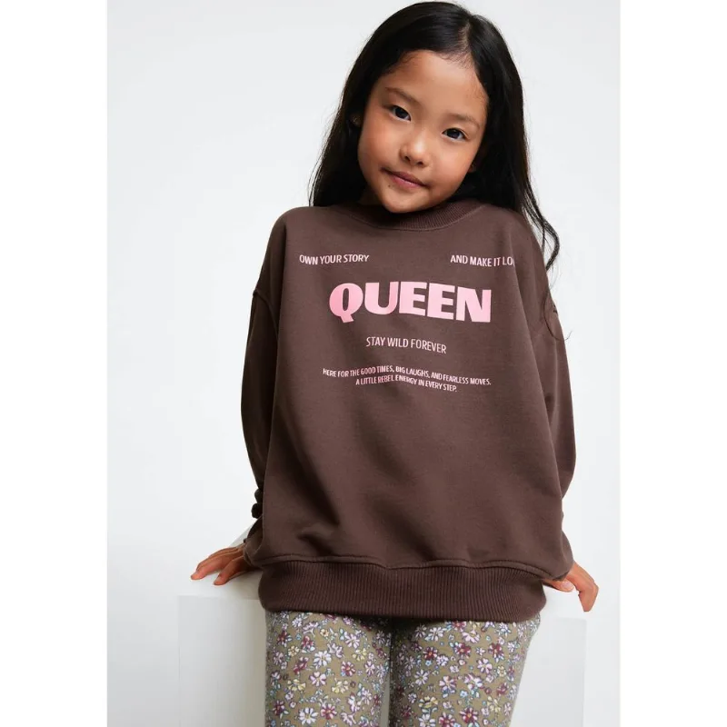 Blusão De Moletom Infantil Menina Oversized Com Estampa - Marrom 010