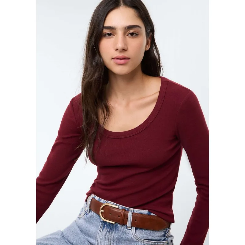 Blusa Feminina Manga Longa Com Elastano - Vinho M