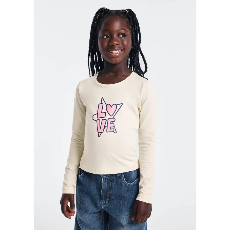Blusa Infantil Menina Manga Longa Slim Com Estampa - Creme 016