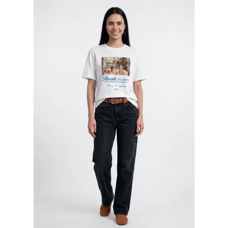 Blusa Feminina Manga Curta Estampada - Off white G