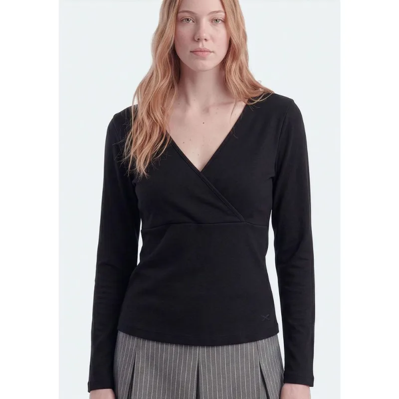 Blusa Teen Manga Longa Decote V Transpassado - Preto M