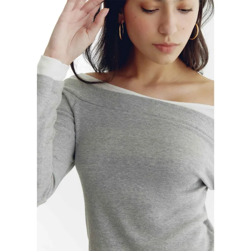 Blusa Feminina Manga Longa Decote Canoa Com Sobreposição - Cinza M
