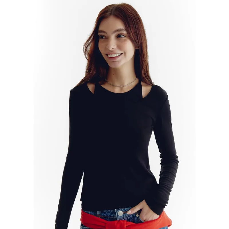 Blusa Feminina Com Sobreposição Manga Longa - Preto M