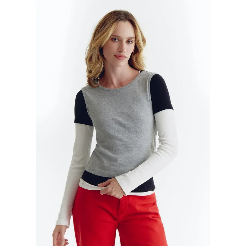 Camiseta Feminina Manga Longa Com Sobreposição - Cinza M