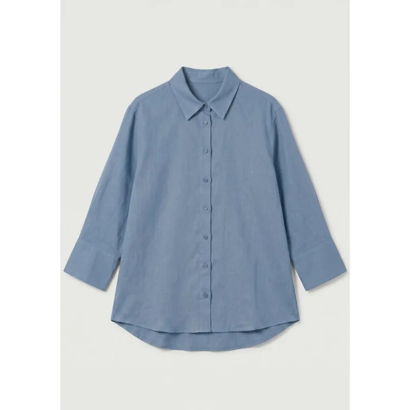 Camisa Feminina Manga 7/8 Com Linho - Azul XG