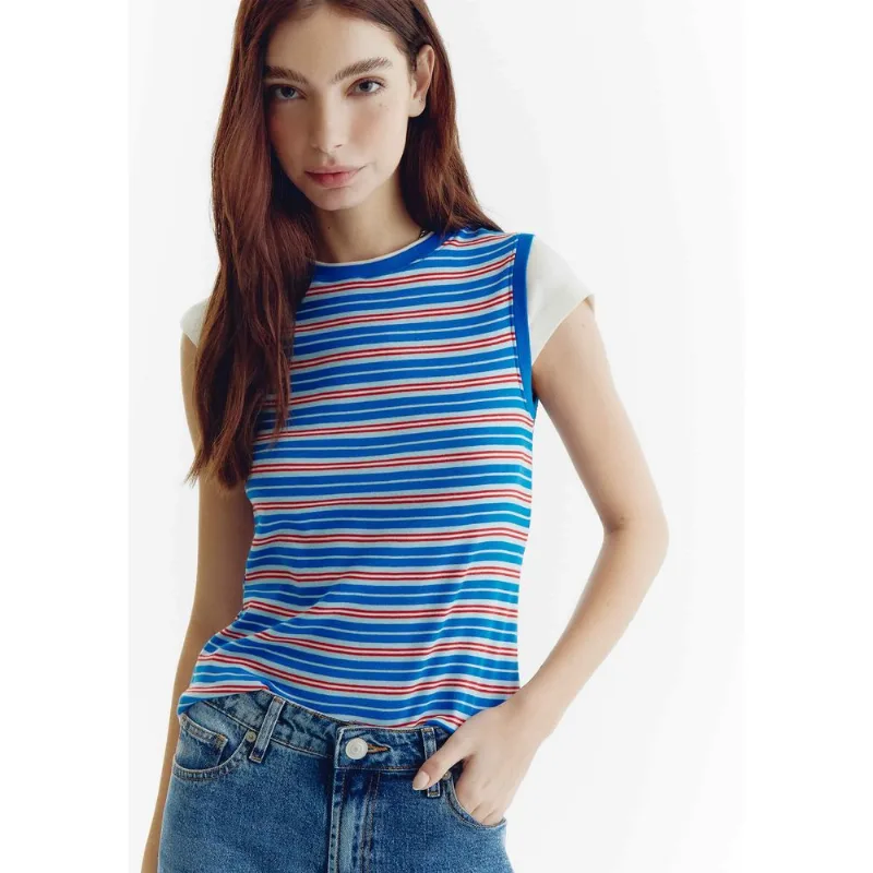Blusa Feminina Listrada com Sobreposição - Azul P