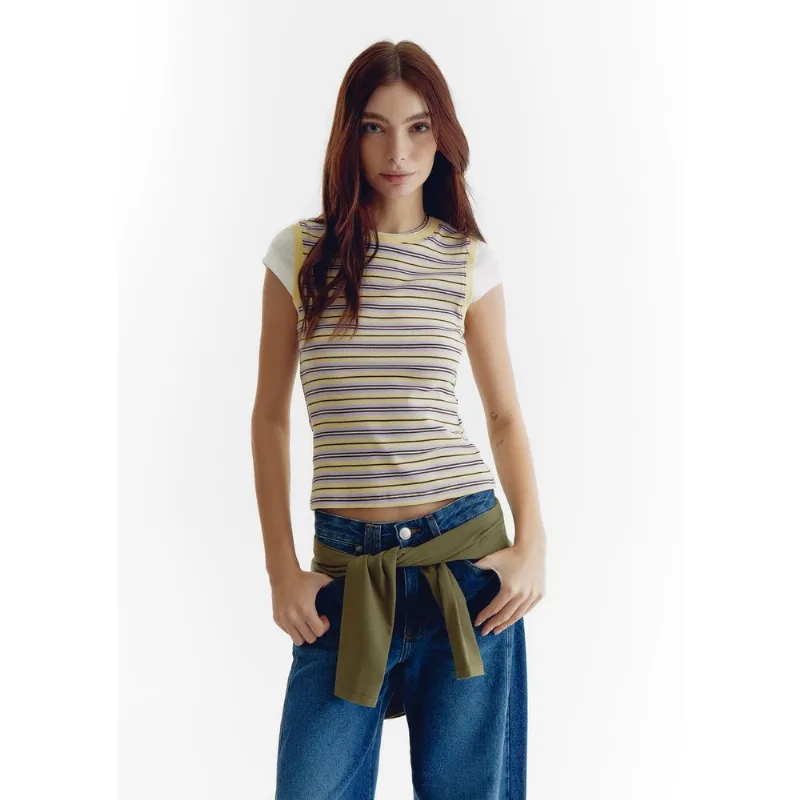 Blusa Feminina Listrada com Sobreposição - Amarelo G