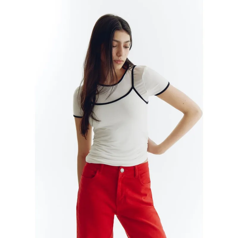 Blusa Feminina Manga Curta com Sobreposição - Off white G