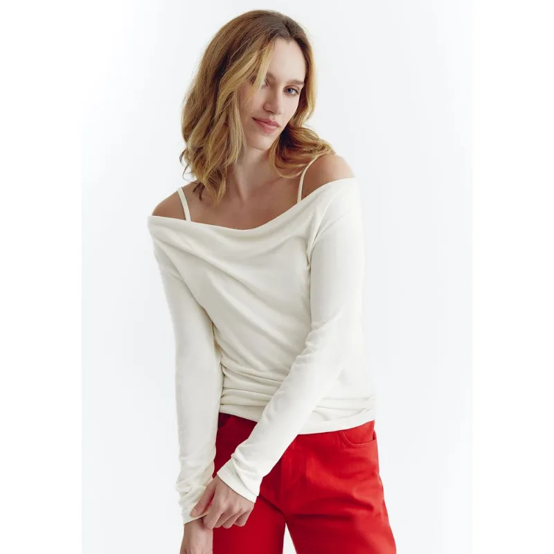 Blusa Feminina Decote Canoa Manga Longa Com Sobreposição - Off white M