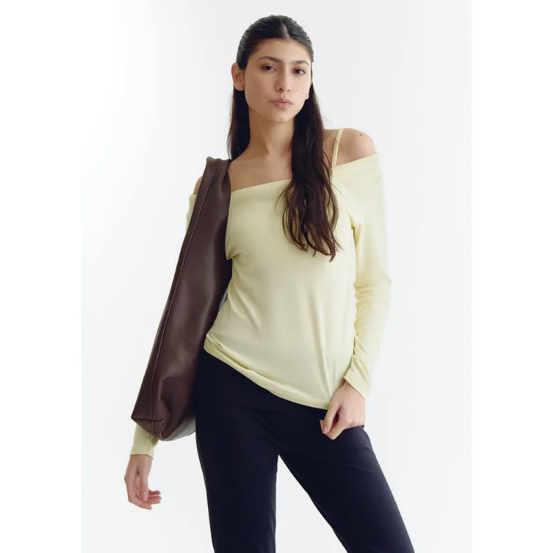 Blusa Feminina Decote Canoa Manga Longa Com Sobreposição - Amarelo XP