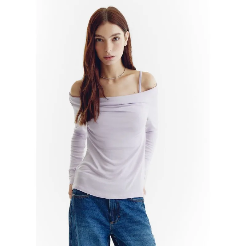 Blusa Feminina Decote Canoa Manga Longa Com Sobreposição - Lilás M