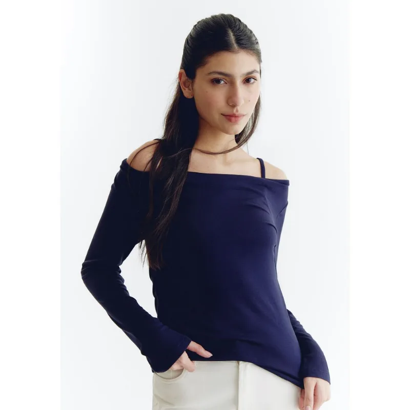 Blusa Feminina Decote Canoa Manga Longa Com Sobreposição - Azul P