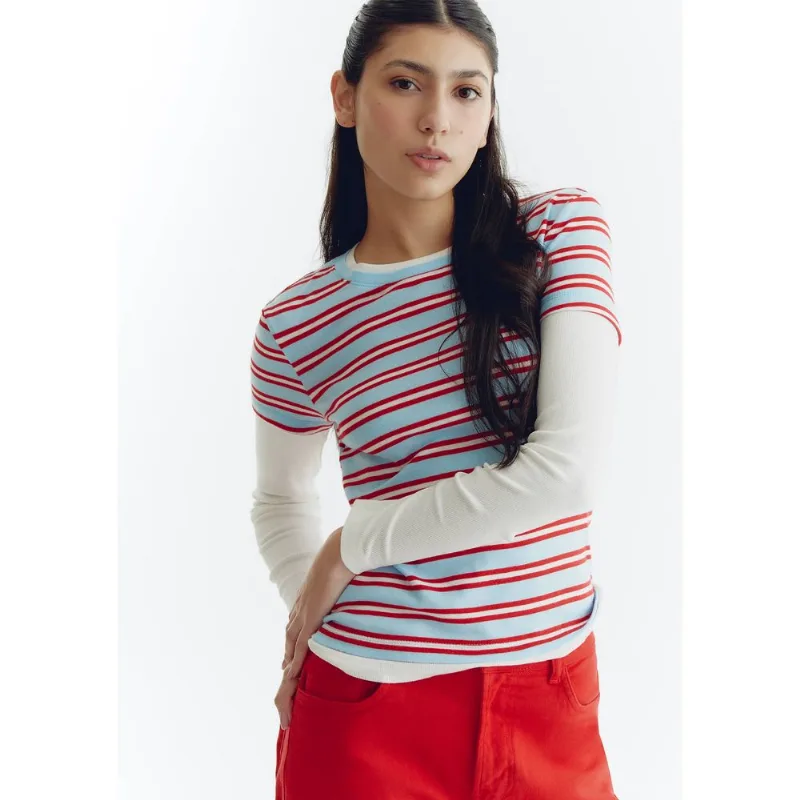 Camiseta Feminina Listrada Manga Longa Com Sobreposição - Azul M