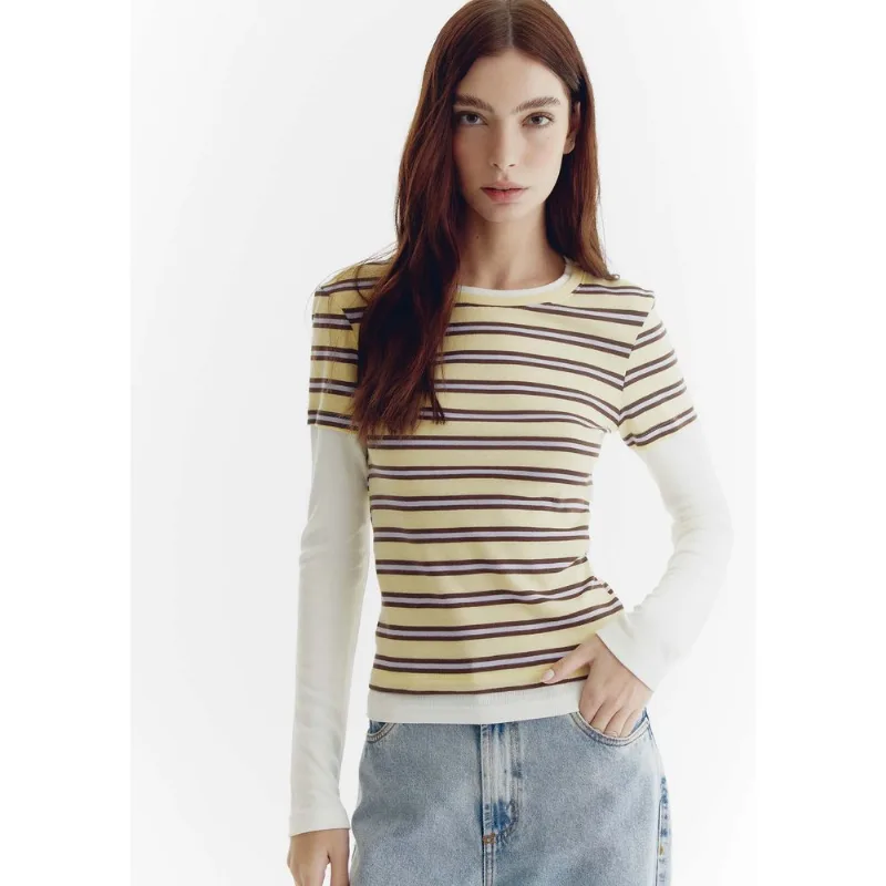 Camiseta Feminina Listrada Manga Longa Com Sobreposição - Amarelo M