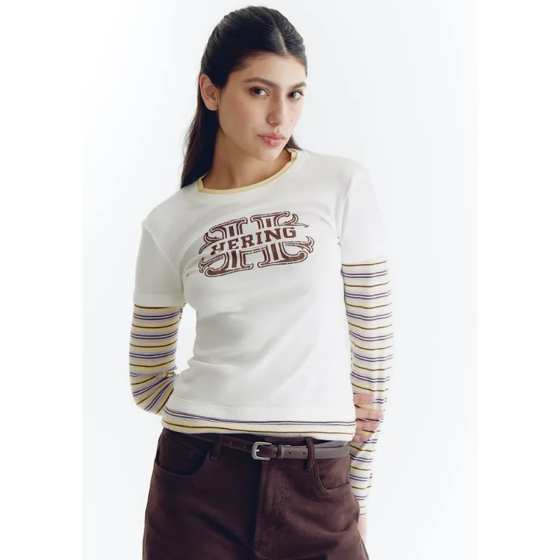 Camiseta Feminina Listrada Manga Longa Com Sobreposição E Estampa - Off white G
