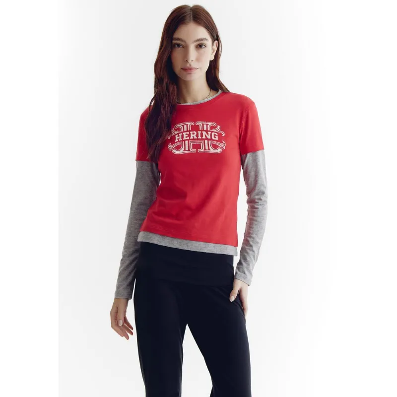 Camiseta Feminina Manga Longa Com Sobreposição - Vermelho P