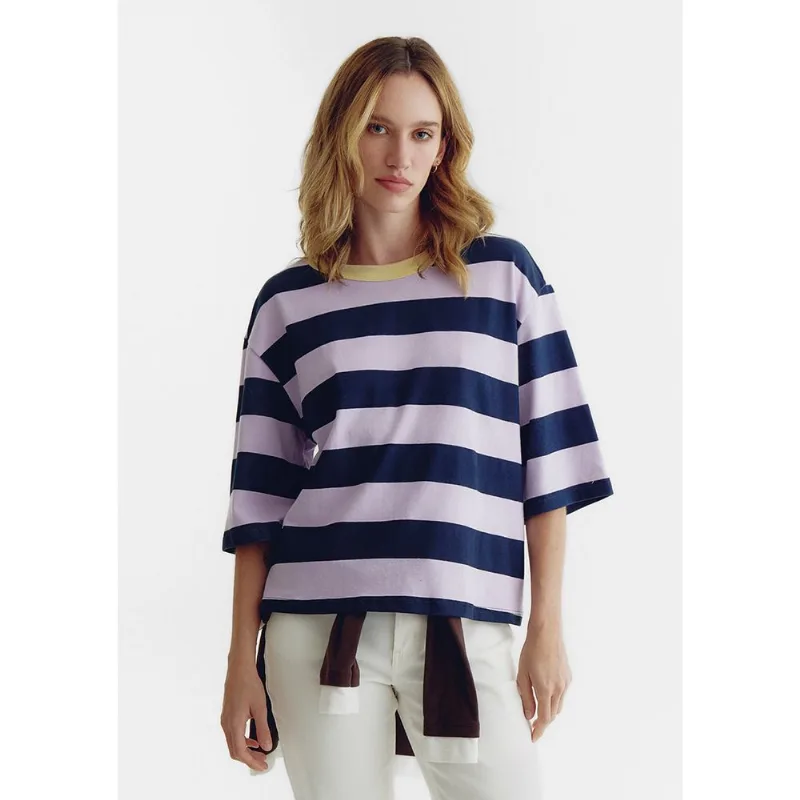 Camiseta Feminina Ampla Listrada - Azul P