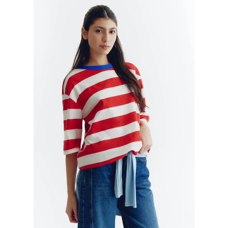 Camiseta Feminina Ampla Listrada - Vermelho M