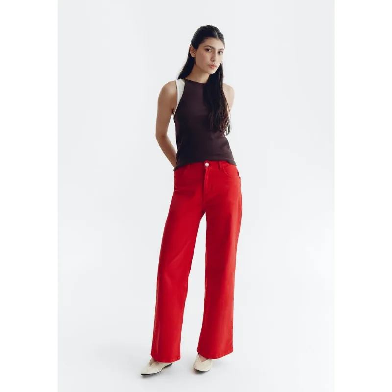 Calça Feminina Wide Leg Em Sarja - Vermelho 038