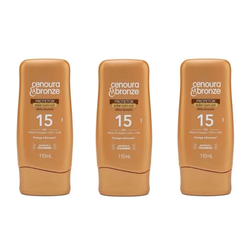 Kit 3 Protetor Solar FPS15 Cenoura & Bronze Com Cor 110ml