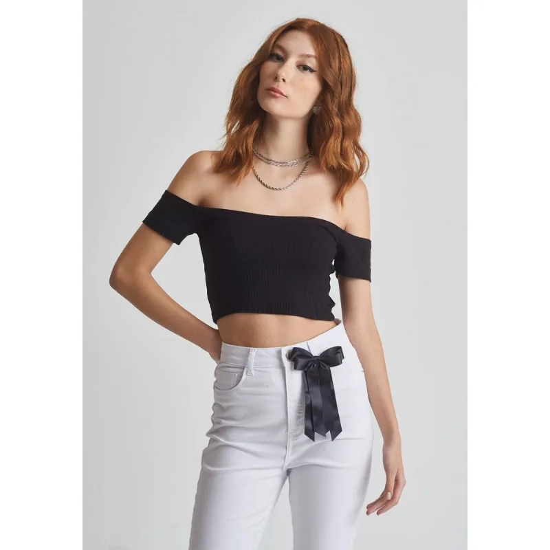 Cropped básico canelado ombro a ombro preto Preto M