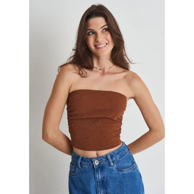 Blusa lurex feminino sem alça Marrom Marrom P - GANG