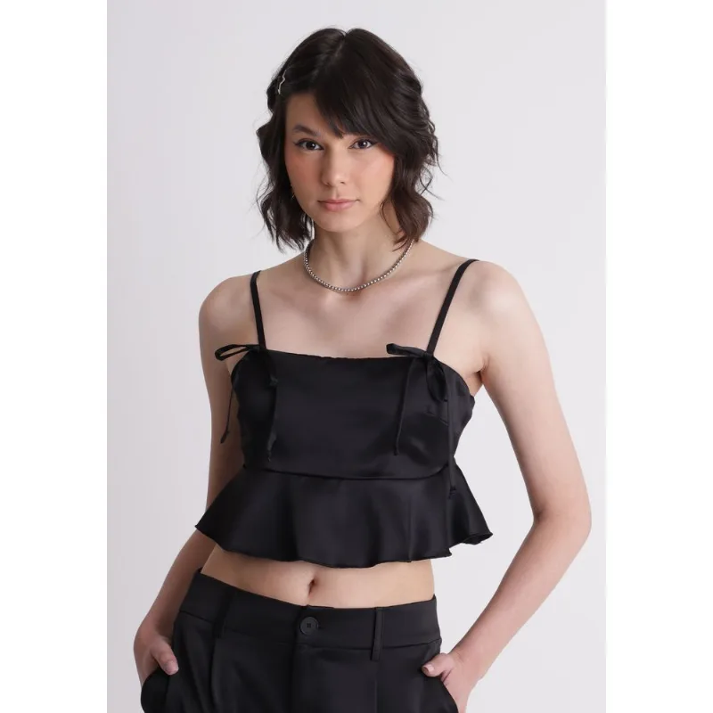 Blusa cetim feminino top detalhes de peplum preto Preto GG
