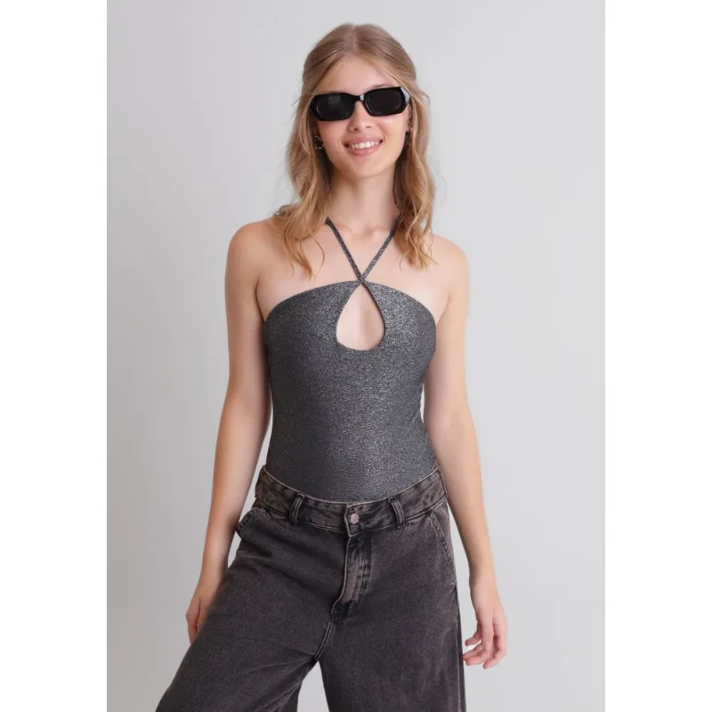 Body de lurex com alças Prata M