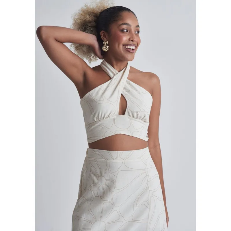 Cropped linho floral Off white GG