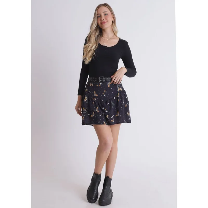 Saia viscose feminino curta estampada preto Preto PP