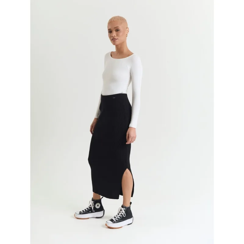 Saia midi em tricot com fenda lateral Preto PP