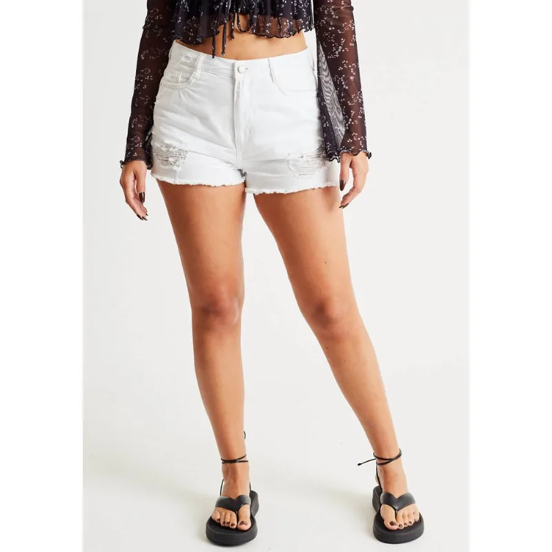 Short sarja barra desfiada e puídos Branco 36