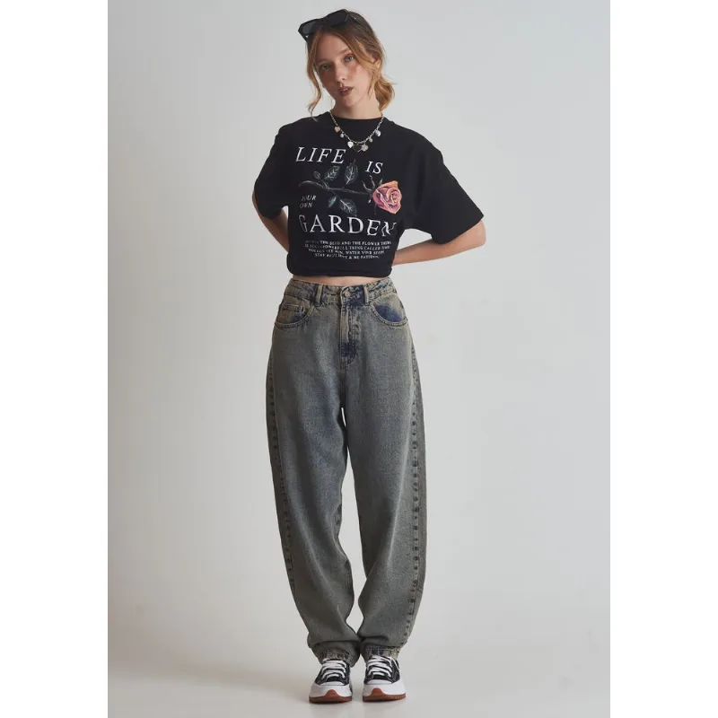 Calça jeans balloon cintura média esverdeado claro Verde 42