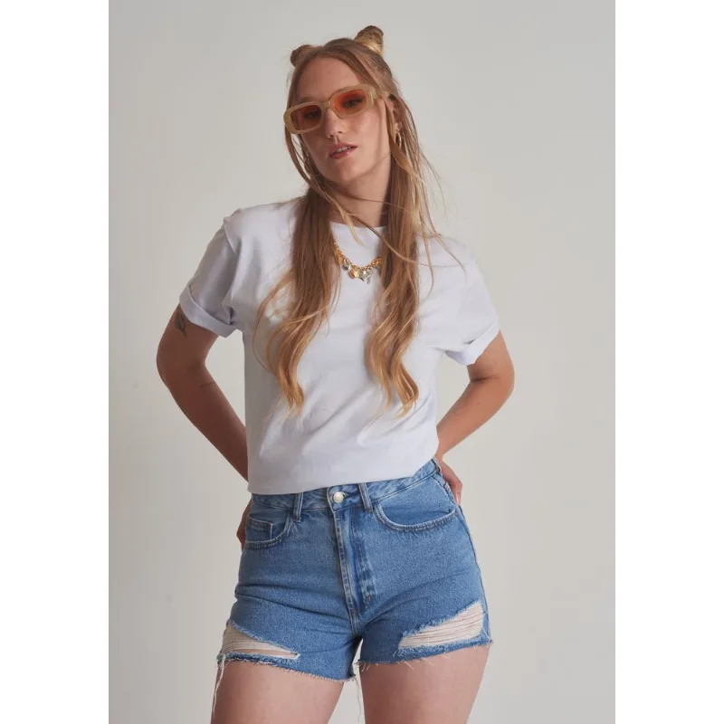 Short jeans feminino destroyed azul Azul 44
