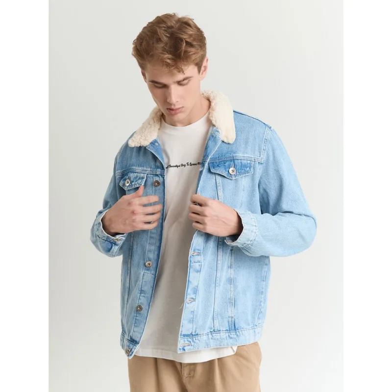 Jaqueta jeans masculina gola pelego azul Azul GG