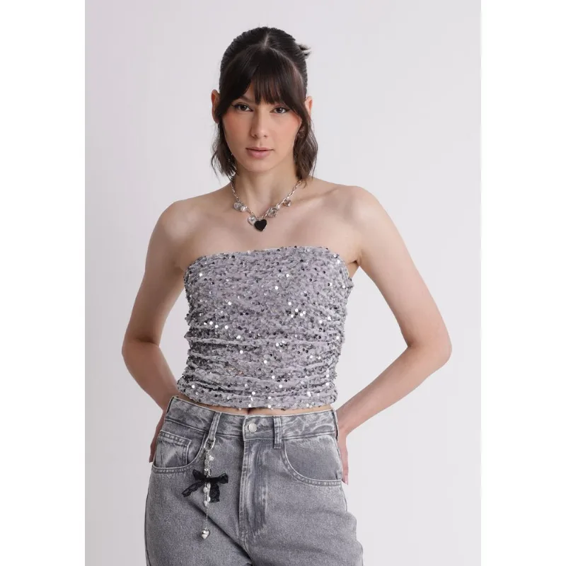 Blusa paetê feminino top cinza Prata GG