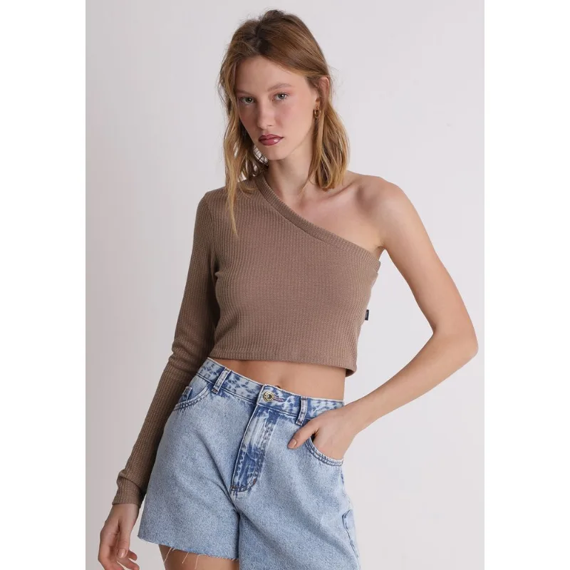 Blusa texturizado feminino cropped marrom Natural PP