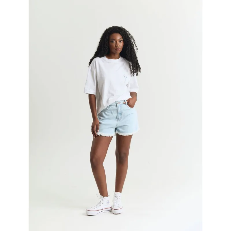 Short jeans feminino delavê bainha desfiada azul Azul 38