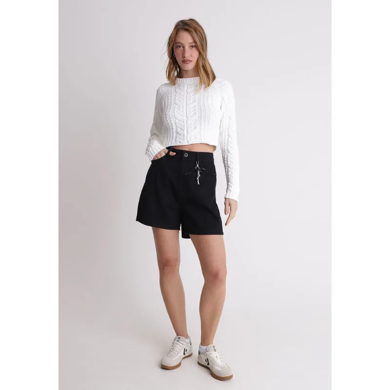 Short jeans cintura alta barra feita Preto 44