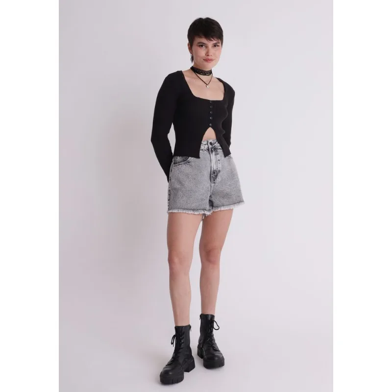 Short jeans feminino barra desfiada cinza Cinza 44