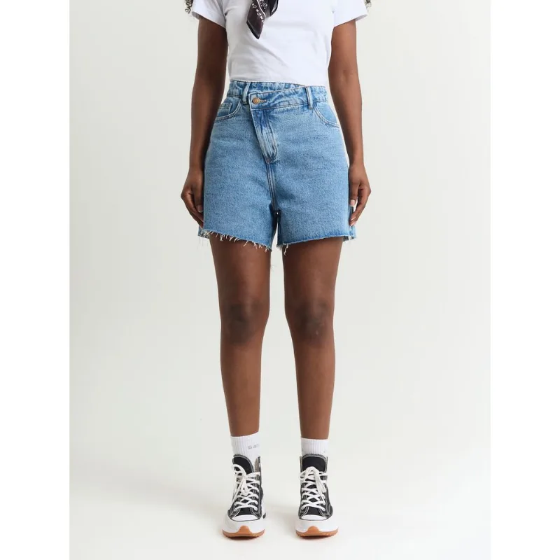 Short jeans feminino cós deslocado azul Azul 38