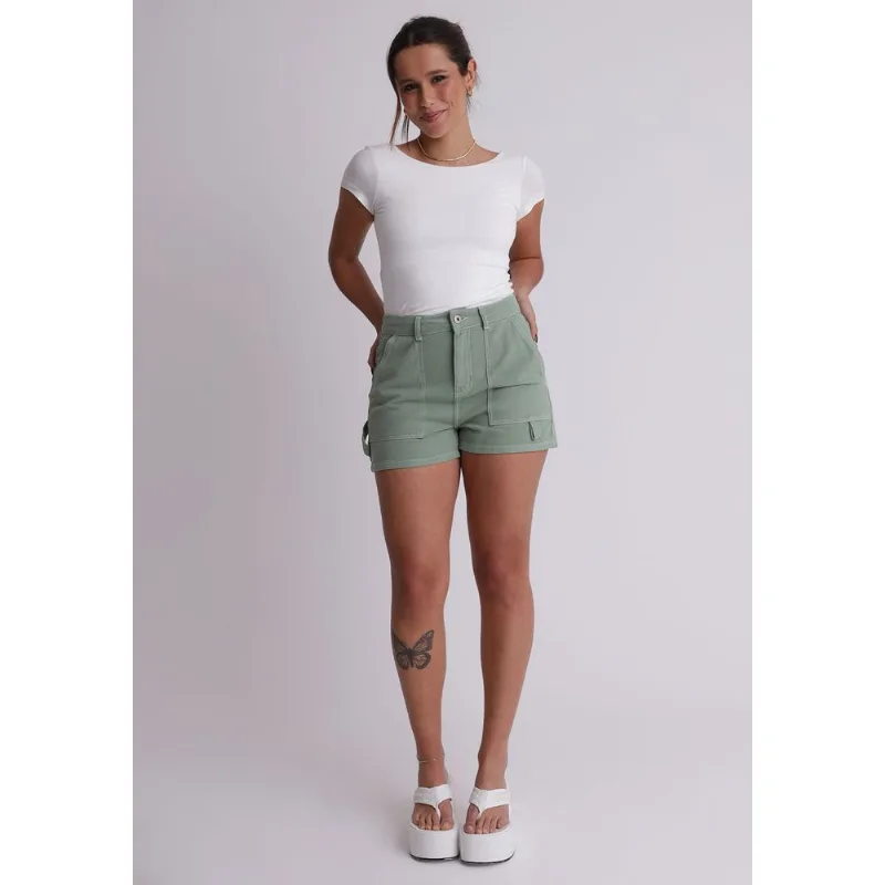 Short de sarja cintura alta com aletas Verde 32