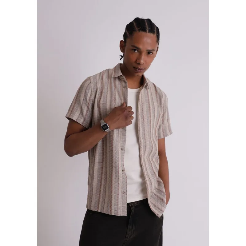 Camisa linho masculina texturizada listras bege Natural GG