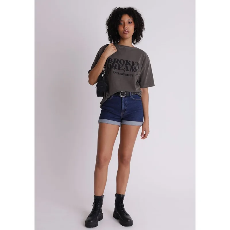 Short jeans feminino elastano barra dobrada azul Azul 42