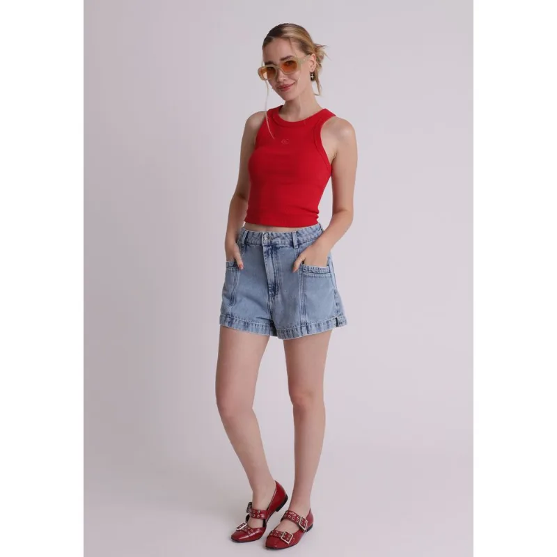 Short jeans feminino bolso frontal azul Azul 34