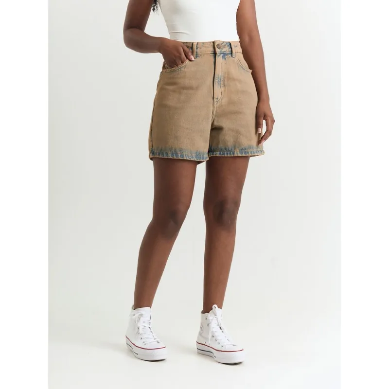 Short jeans feminino aplicação de conha marrom Caqui 38