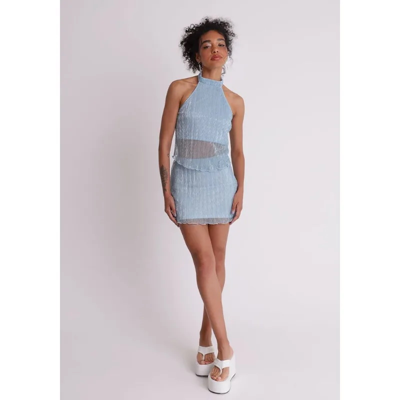 Saia tecido brilhoso feminino curta azul Azul claro P