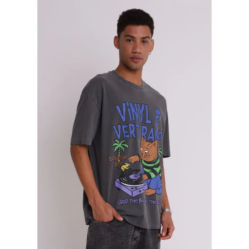 Camiseta algodão masculina oversized vinyl cinza Cinza P