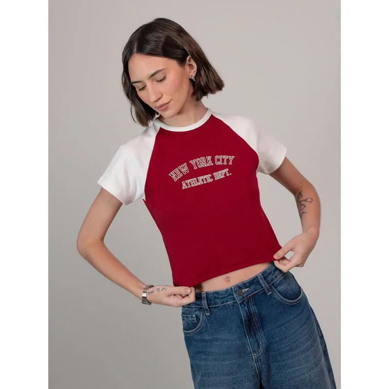 Camiseta meia malha feminino baby look vermelho Vinho PP